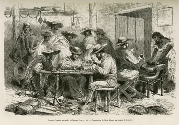De werken van de natuurlijke historie, in Chipaque (Colombia), de voorbereiding van de uitdroging van planten voor herbarium, onder de nieuwsgierige blik van de Indianen, tekening door E. Riou, ter illustratie van de reis naar equinoxiaal Amerika (Colombia