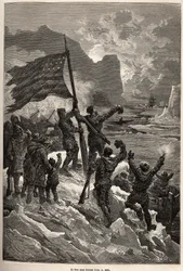 De bemanning van Tyson, na enkele dagen drijven op een ijsberg, zag eindelijk een walvisvaarder en zwaaide met de Amerikaanse vlag om gezien en gered te worden, gegraveerd naar een tekening van E. Riou, ter illustratie van het verhaal van de Polaris, ijsvl