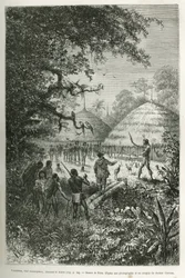 Yacouman, Roucouyenne hoofd, stam van Guyana aan de oevers van de Oyapock, die de duivel verjaagt, hij loopt door het dorp na de geboorte van een kind, besprenkelt een melkachtige witte vloeistof met een verenborstel, gravure naar een tekening van Riou, il