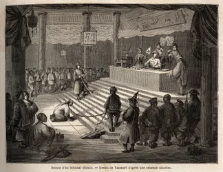 Een Chinese rechtbank, de beschuldigde verschijnt voor de rechtbank omringd door een gendarme die hem geketend houdt en zijn beul. Illustratie van de reis van Shanghai naar Moskou van 1859 tot 1862 van M. de Bourboulon, Frans minister in China