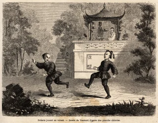 Chinese kinderen spelen met het wiel onder toezicht van hun moeder. Illustratie van de reis van Shanghai naar Moskou van 1859 tot 1862 van M. de Bourboulon, Frans minister in China