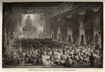 Religieuze ceremonie in een Chinese lamasserie, tekening door Vaumort, ter illustratie van de reis van Shanghai naar Moskou, van 1859 tot 1862, van M. de Bourboulon, Franse minister in China. Gravure in 
