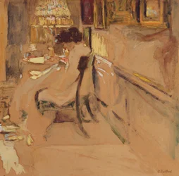 Mevrouw Hessel die onder de Lamp Naait