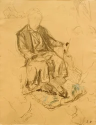 Madame Bénard zittend, voeten op een kussen