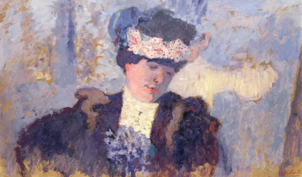 Madame Hessel met een hoed versierd met bloemen