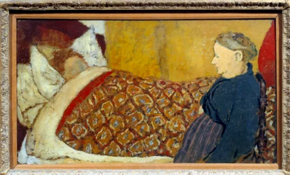 Het slaapliedje Een grootmoeder zingt een slaapliedje of vertelt een verhaal aan een kind om te slapen. Karton marouflé op houten paneel door Édouard Vuillard