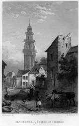 Uitzicht op Landerneau en de Sint-Thomas kerk, Finistère, Bretagne, Frankrijk. Gravure door Willmann in 