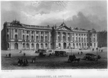 Uitzicht op het Capitool van de stad Toulouse, Haute-Garonne (Haute Garonne), Midi-Pyrenees (Midi Pyrenees), Frankrijk. Gravure door Willmann in 