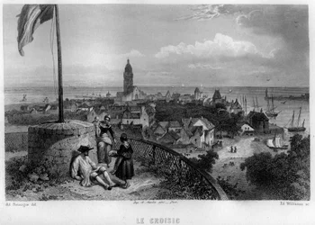 Zicht op de stad Croisic, Loire-Atlantique, Pays de la Loire, Frankrijk. Gravure door Willmann in 