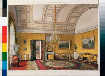 Interieurs van het Winterpaleis : Het Eerste Gereserveerde Appartement - De Gele Salon van Grootvorstin Maria Nikolajevna - Aquarel op papier door Eduard (Edouard) Hau (1807-1887)