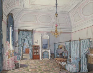 Interieurs van het Winterpaleis. Het vijfde gereserveerde appartement. De slaapkamer van grootvorstin Maria Alexandrovna, 1873
