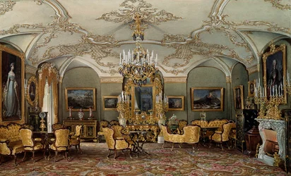 Zicht op de salon van Alexandra Fjodorovna (Fedorovna of Feodorovna of Charlotte van Pruisen (1798-1860)), vrouw van tsaar Nicolaas I in het Gatchina-paleis. Aquarel toegeschreven aan Eduard (Edouard) Hau (1807-1870) 19e eeuw Sint-Petersburg, Hermitage Mus