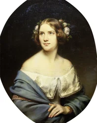 Portret van Jenny Lind, staand half lengte in een witte jurk en een lichtblauwe sjaal