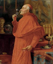Kardinaal die het bouquet van een witte wijn onderzoekt (in een Venetiaans glas). Omstreeks 1900.