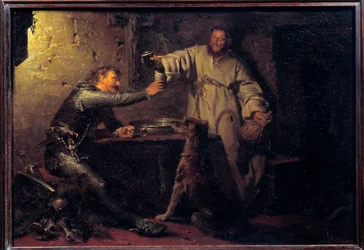 Middelbare krijger die met een kluizenaar toost in een taverne. Schilderij van Eduard von Grützner (1846-1925), 1878. Afmetingen 0,44 x 0,63 m. Parijs, Musée d