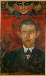 Edvard Munch, zelfportret met vrouwenmasker (olieverf op hout)