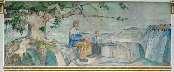 Oude man en kind onder een boom (fresco)