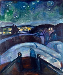 Sterrennacht. Nachtlandschap in Noord-Europa. Schilderij van Edvard Munch (1863-1944), 1923-1924. Zon. 139x119 cm, Oslo, Kommunes Kunstsamlinger, Munch-Museet (Musée Munch)