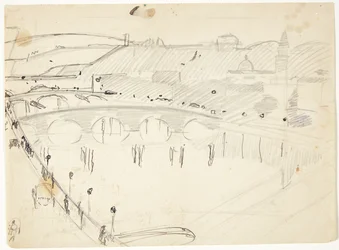 Uitzicht vanuit een raam bij Lungarno over de rivier naar Santo Spirito en San Miniatohöjderne, Florence
