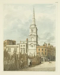 Christ Church vanaf de Beurs met de bouwplaats van het Nieuwe Raadhuis