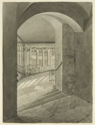 Ingang naar de kloosters van de kathedraal van Bristol met het graf van Edward Bird