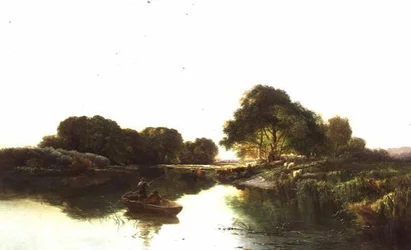 Een rivierlandschap met vissers