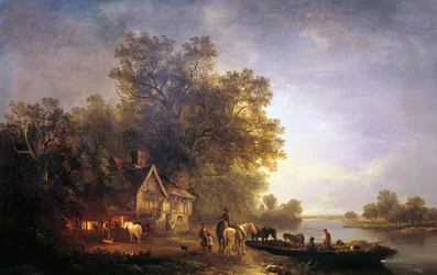 Rivierlandschap met rustieke figuren en paarden, ca. 1860
