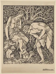 Toen Adam dook en Eva overspande (houtsnede op papier)