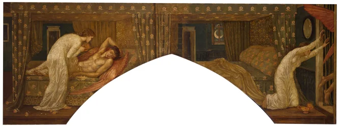 Cupido en Psyche - Palace Green Murals - Psyche houdt de lamp vast en kijkt naar het gezicht van de slapende Cupido en Psyche verlaten, 1881