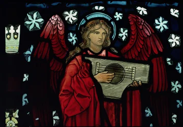 Detail van de Muzikale Engel, gemaakt door William Morris en Co., 1882