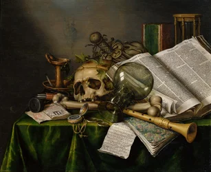 Vanitas. Stilleven met boeken, manuscripten en een schedel