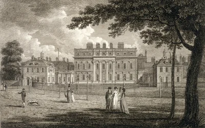 Uitzicht op Buckingham House, gegraveerd door W. Knight, gepubliceerd 1799