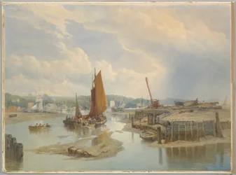 Een stad aan een riviermonding bij eb