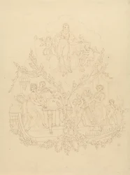 Vrouwelijke figuren en putti die muziekinstrumenten bespelen