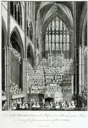 Uitzicht op het Orkest en de Uitvoerders in Westminster Abbey, tijdens de Herdenking van Handel, uitgegeven door Charles Burney, 1785