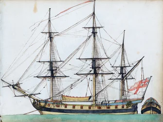 Brits schip van 20 kanonnen, met tuigage en een scheepsboot, en een apart zicht op de achtersteven, c.1780