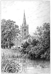 Stratford kerk gezien vanaf de rivier, Stratford-upon-Avon, Warwickshire, 1885