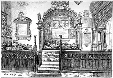 De kerkbank in de Clopton-kerk, Stratford-upon-Avon, Warwickshire, 1885