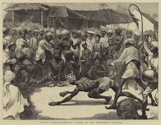 Indiase schetsen, menselijke tijgers op het Mohurrum-festival