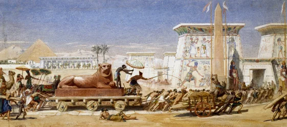 Het Oude Egypte: Het transport van een leeuwenbeeld naar de tempel Slaven die de strijdwagen trekken