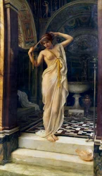 "Diadumene" Jonge naakte vrouw die haar blinddoek vastknoopt in een bad in antieke stijl. Schilderij van Edward John Poynter (1836-1919) (classicisme) 1893