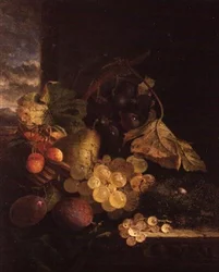 Een stilleven met een mand fruit en een vogelnest op een houten rand