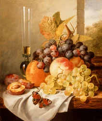 Fruit op een gedrapeerde richel met een rode admiraal