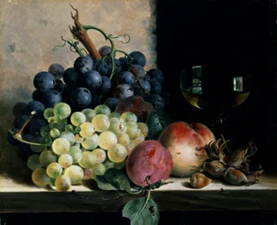 Stilleven met fruit en een glas wijn. Schilderij van Edward Ladell (1821-1886) Privécollectie.