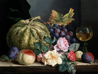 Stilleven van bloemen en fruit. Schilderij van Edward Ladell (1821-1886) Privécollectie.