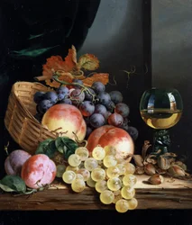 Stilleven van fruit en hazelnoten. Schilderij van Edward Ladell (1821-1886) Privécollectie.