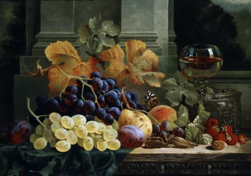 Stilleven van fruit en vlinder. Schilderij van Edward Ladell (1821-1886) Privécollectie.