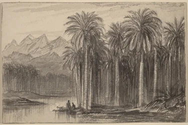 Figuren die vanuit een palmbos in kano’s vertrekken (Wadi Feiran)
