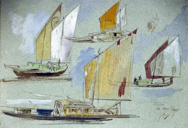 Studies van Venetiaanse boten, met volle zeilen. Gekleurde aquareltekening, door Edward Lear (1812-1888).