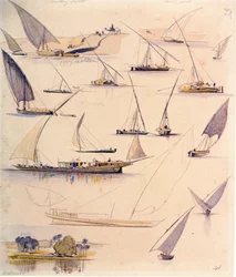 Studies van verschillende Egyptische boten. Gekleurde aquareltekening